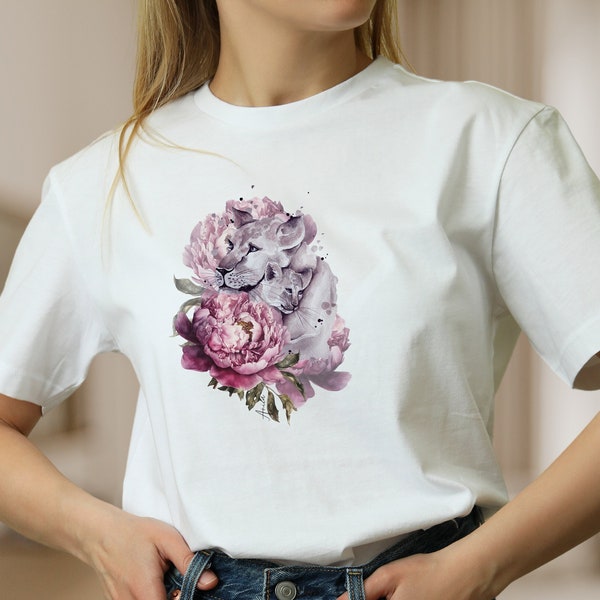 Damen T-Shirt Mama Löwe Blumen Tier weiße Baumwolle Shirt für Frauen Frühlings T-Shirt, Mode für Frauen, Geschenk zum Muttertag