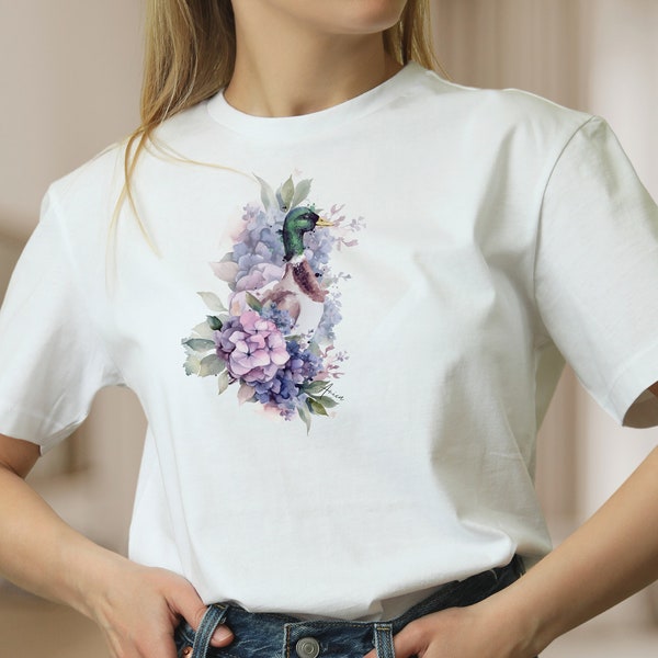 Damen T-Shirt Ente und blaue Blumen weiße Bluse Baumwolle Shirt für Frauen Tier Frühlings Shirt, Mode für Frauen Geschenk zum Muttertag
