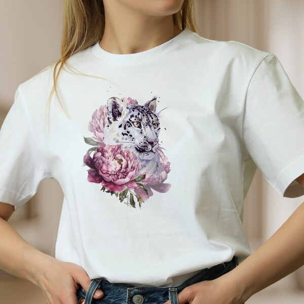 Damen T-Shirt Schneeleopard Blumen Tier weiße Baumwolle Shirt für Frauen Frühlings T-Shirt, Mode für Frauen, Geschenk zum Muttertag