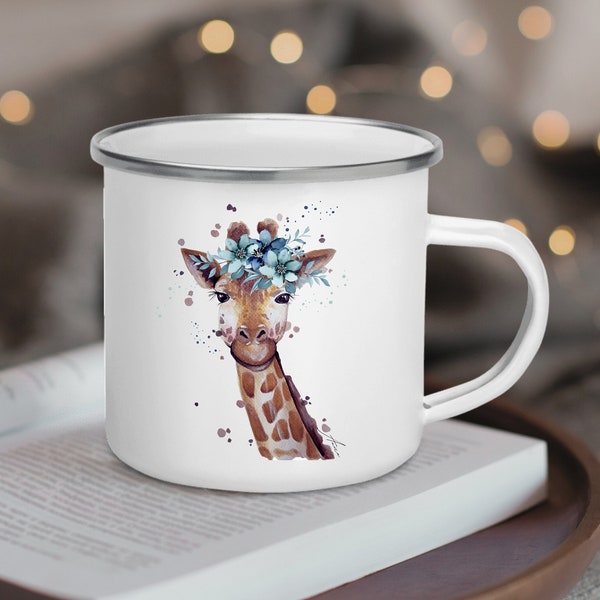 Giraffe Tasse | Safari, Wald, Blumen Tasse |Tier Emaille Becher mit Wunschname |Tasse personalisiert | Geschenk