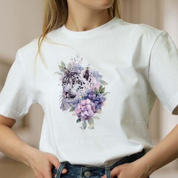 Damen T-Shirt Schneeleopard Blumen Tier weiße Baumwolle Shirt für Frauen Frühlings T-Shirt, Mode für Frauen, Geschenk zum Muttertag