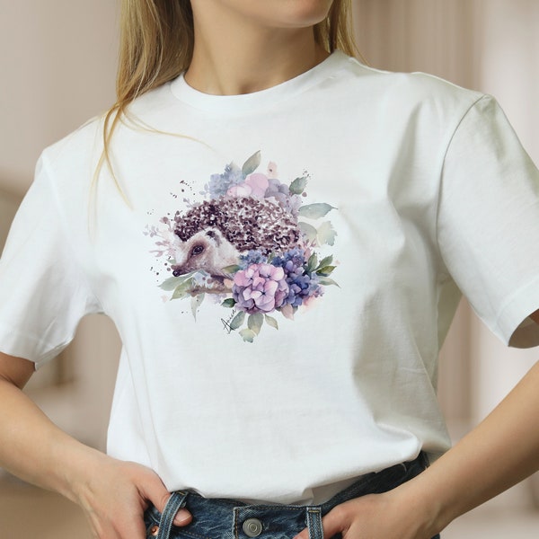 Damen T-Shirt Igel und blaue Blumen weiße Bluse Baumwolle Shirt für Frauen Tier Frühlings Shirt, Mode für Frauen Geschenk zum Muttertag