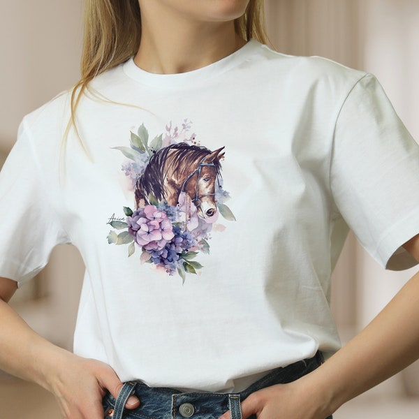 T-Shirt braunes Pferd und Blume weiße Baumwolle Shirt für Frauen Tier Blumen Frühlings Shirt, Mode für Frauen, Geschenk zum Muttertag