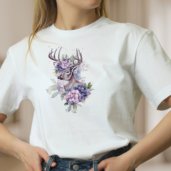 Shirt für Frauen Waldtier Reh T-Shirt Hirsche und Blume weiße Bluse Baumwolle T-Shirt, Frühlings Tee, Mode für Frauen Geschenk zum Muttertag