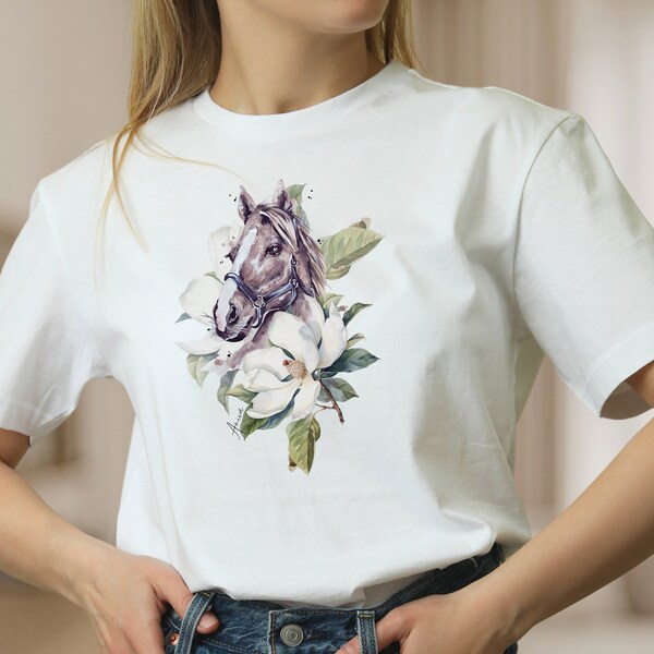 Damen T-Shirt Pferd weiße Baumwolle Shirt für Frauen Blumen Frühlings Tee Tier, Mode für Frauen, Geschenk zum Muttertag, Geschenk für Reiter