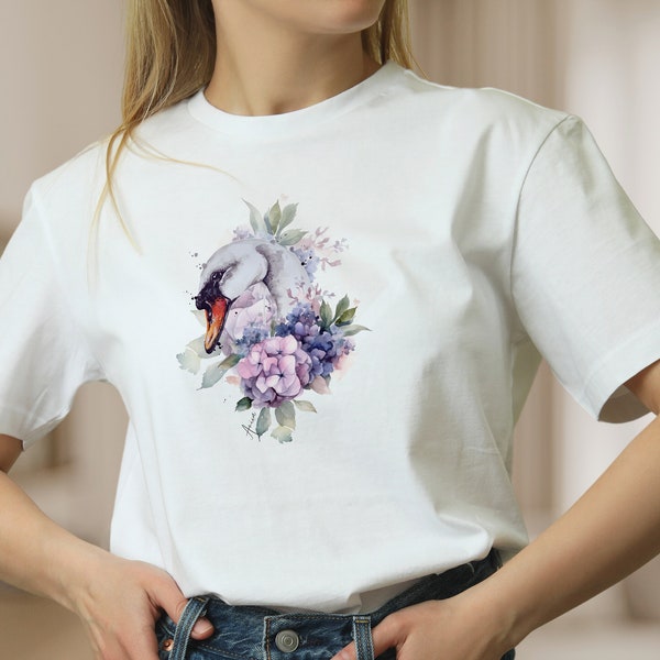 T-Shirt weißer Schwan Blume weiße Baumwolle Shirt für Frauen Vogel Blumen Frühlings Shirt, Mode für Frauen, Geschenk zum Muttertag