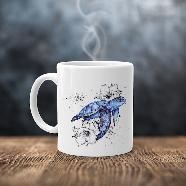 Tasse Schildkröte, Keramiktasse, Tasse bedruckt, Geschenk Geburtstag, Wasserschildkröte und Blume, Weihnachtsgeschenk