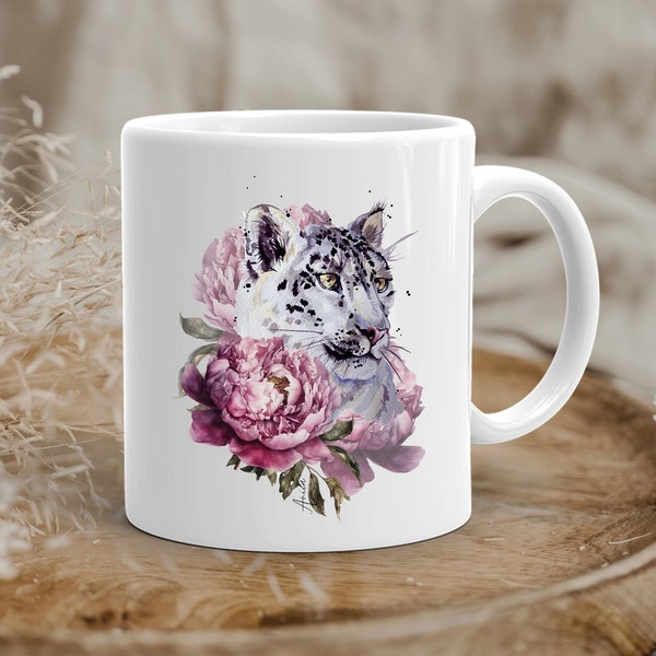 Kaffee-Tasse Schneeleopard Becher Blumen mit Namen Kaffeetasse personalisierbar Tier Wunschtext Dankeschön-Geschenk, kleines Geschenk