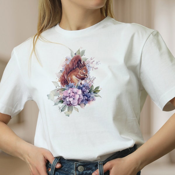 T-Shirt Tier Shirt Eichhörnchen und Blume Waldtier weiße Bluse, Shirt für Frauen, Frühlings Tee, Mode für Frauen Geschenk zum Muttertag