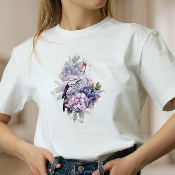 Damen T-Shirt Blumen Motiv Storch T-Shirt Mode für Frauen, weiße Baumwolle Shirt für Frauen Frühlings T-Shirt, Geschenk zum Muttertag