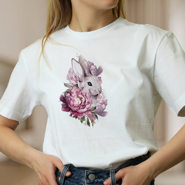 Damen T-Shirt Hase Rosa Blumen weiße Baumwolle Shirt für Frauen Frühlings T-Shirt, Osterhase, Mode für Frauen, Geschenk zum Muttertag