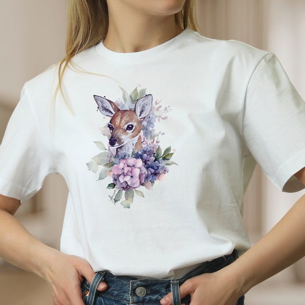 T-Shirt Reh weiße Baumwolle Shirt für Frauen Blumen Frühlings Tee Hirsche Tier, Mode für Frauen, Geschenk zum Muttertag, Geschenk für Sie