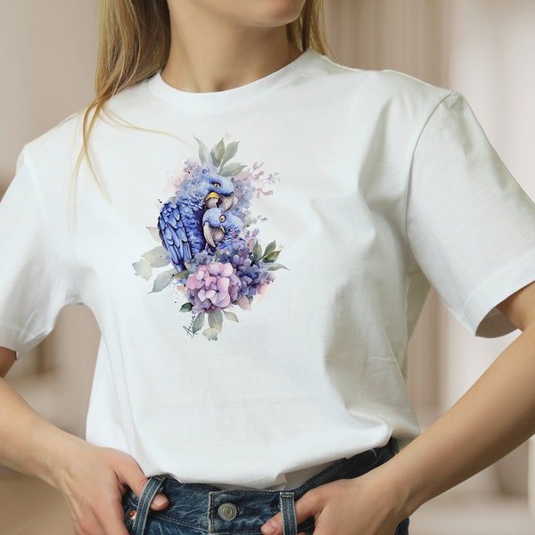 T-Shirt Papageien und Blume weiße Bluse Baumwolle Shirt für Frauen Vogel Frühlings Shirt, Mode für Frauen Geschenk zum Muttertag