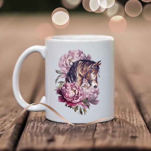 Becher Pferd und Rosa Blumen Tasse Tier und Blumen Kaffeetasse personalisierbar Tier Wunschtext kleines Geschenk