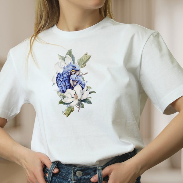 Damen T-Shirt Papageien und Blume weiße Bluse Baumwolle Shirt für Frauen Vogel Frühlings Shirt, Mode für Frauen Geschenk zum Muttertag