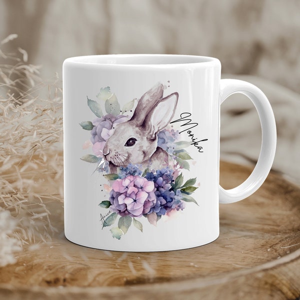 Becher Hase Blumen Motiv Kaffee-Tasse mit Namen Osterhase Kaffeetasse personalisierbar Wunschtext  personalisierte Geschenke