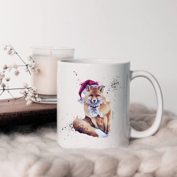 Tasse Fuchs, Weihnachten Kaffe-Tasse, Becher mit Tier, Fuchs in Weihnachtsmütze, Weihnachtstasse mit Tiermotiv,  kleines Geschenk