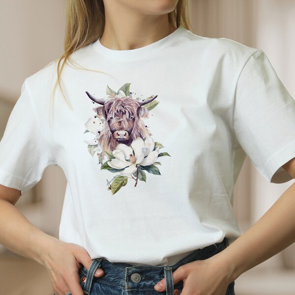 Damen T-Shirt Schottisches Hochlandrind weiße Baumwolle Shirt für Frauen Blumen Frühlings T-Shirt, Mode für Frauen, Geschenk zum Muttertag