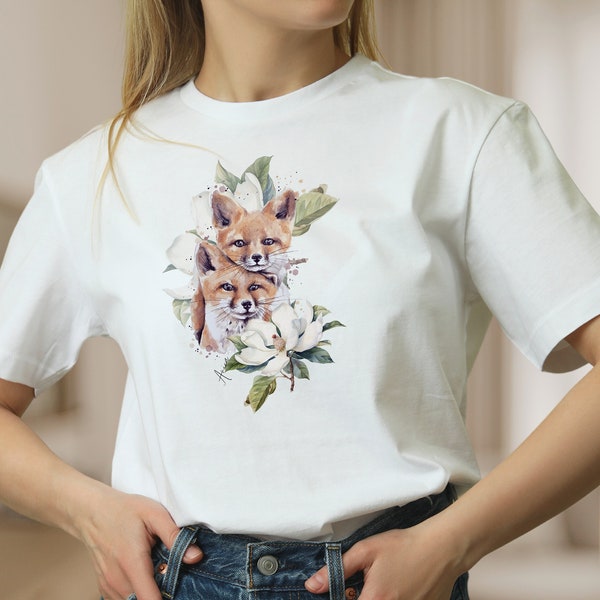 T-Shirt Tier Shirt Rotfuchs und Blume Füchse Waldtier weiße Bluse, Shirt für Frauen, Frühlings Tee, Mode für Frauen Geschenk zum Muttertag