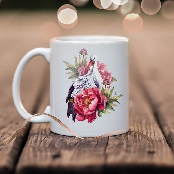 Kaffee-Tasse Storch Becher mit Namen Kaffeetasse Blumen Motiv personalisierbar Wunschtext Dankeschön-Geschenk personalisierte Geschenke