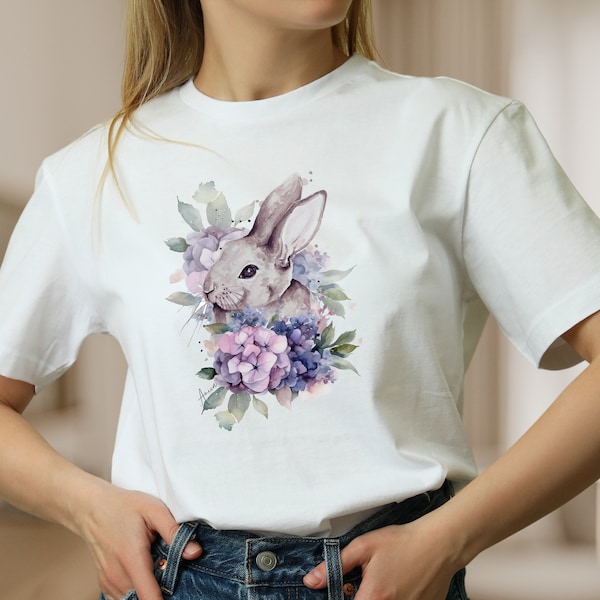 Damen T-Shirt Hase Blumen Motiv Mode für Frauen, weiße Baumwolle Shirt für Frauen Frühlings T-Shirt Osterhase, Geschenk zum Muttertag