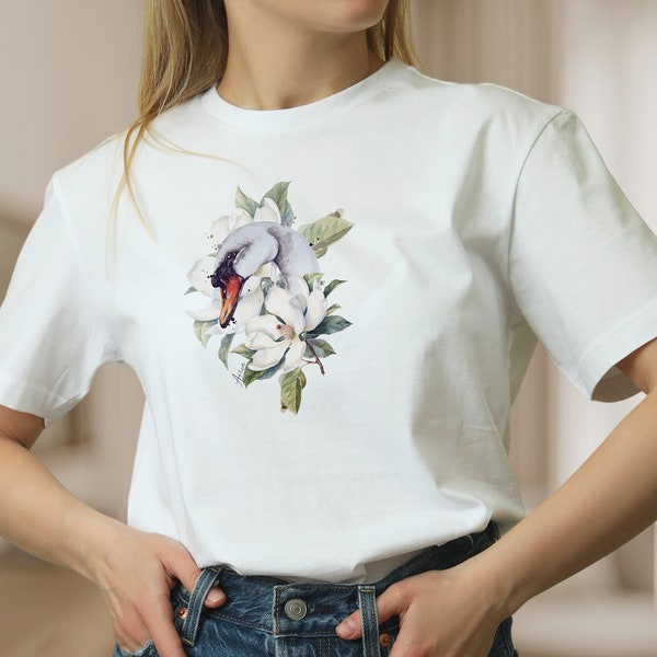 Damen T-Shirt Blume und weißer Schwan Baumwolle Shirt für Frauen Vogel Blumen Frühlings Shirt, Mode für Frauen, Geschenk zum Muttertag