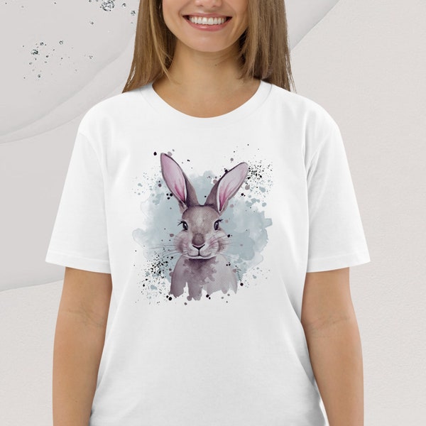 Hasen T-Shirt, Unisex T-Shirt, Geschenk für sie, Hasen T-Shirt, unisex fit, Weiß Tshirt mit Aquarell Hasendruck, Ostern T-Shirt