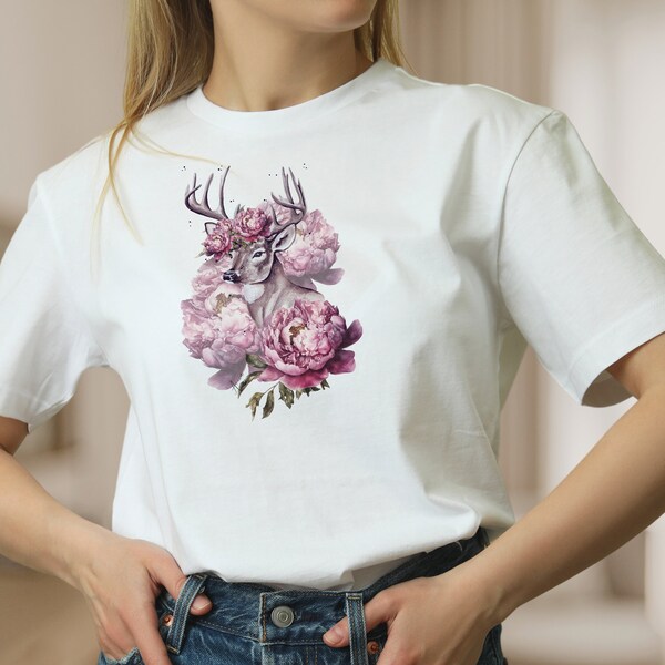 T-Shirt Waldtier Reh Shirt Hirsche und Blume weiße Bluse Baumwolle T-Shirt, Frühlings Tee, Mode für Frauen Geschenk zum Muttertag