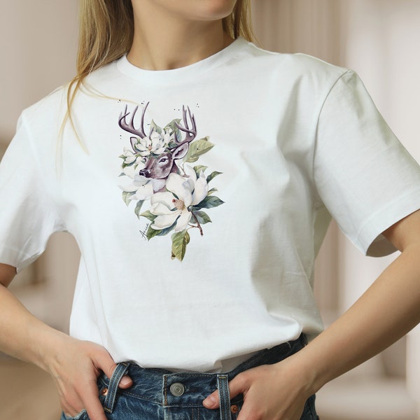 T-Shirt Waldtier Hirsche Shirt Reh und Blume weiße Bluse Baumwolle T-Shirt, Frühlings Tee, Mode für Frauen Geschenk zum Muttertag