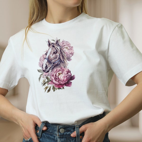 Damen T-Shirt Pferd Tier weiße Baumwolle Shirt für Frauen Blumen Frühlings Tee, Mode für Frauen, Geschenk zum Muttertag, Geschenk für Reiter