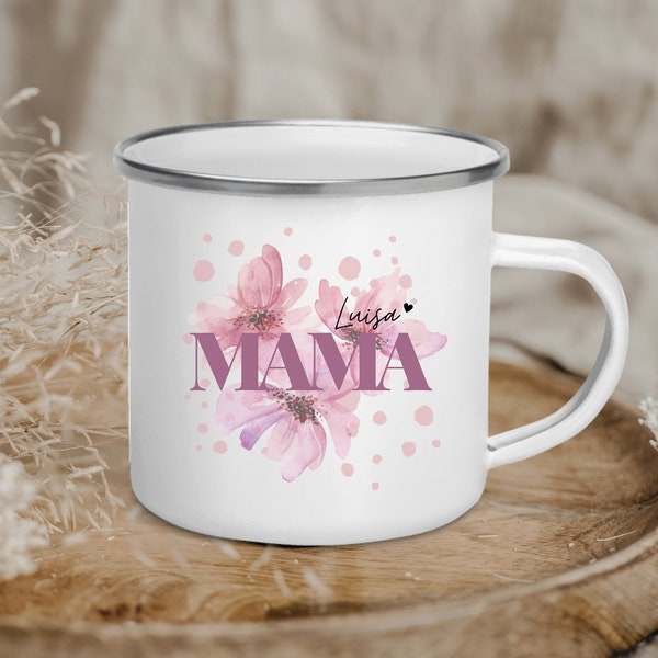 Namenstasse Emaille-Becher personalisierte Kaffee-Tasse mit Namen Blumen Motiv persönliche Geschenke Metallbecher für Mama