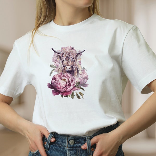 Damen T-Shirt Schottisches Hochlandrind Tier weiße Baumwolle Shirt für Frauen Blumen Frühlings Tee, Mode für Frauen, Geschenk zum Muttertag