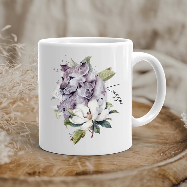 Kaffee-Tasse für Mama Becher Tier Mutter und Kind Löwen und Blumen Kaffeetasse personalisierbar Tier Wunschtext kleines Geschenk