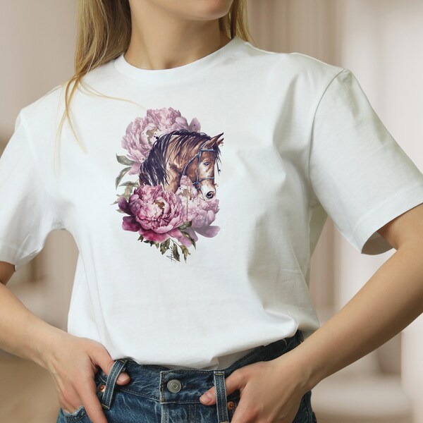 Damen T-Shirt Pferd und Rosa Blume weiße Bluse Baumwolle Shirt für Frauen Tier Frühlings Shirt, Mode für Frauen Geschenk zum Muttertag