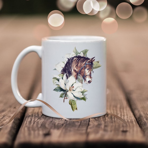 Becher braunes Pferd Tasse Tier und Blumen Kaffeetasse personalisierbar Tier Wunschtext kleines Geschenk