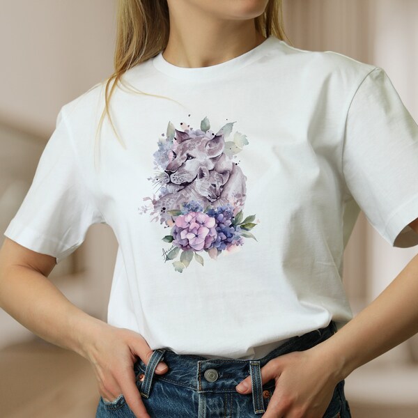 Damen T-Shirt Löwen Blumen Tier weiße Baumwolle Shirt für Frauen Frühlings T-Shirt, Mode für Frauen, Geschenk zum Muttertag