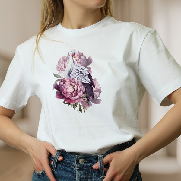 T-Shirt Blumen Motiv Storch T-Shirt Mode für Frauen, weiße Baumwolle Shirt für Frauen Frühlings T-Shirt, Geschenk zum Muttertag