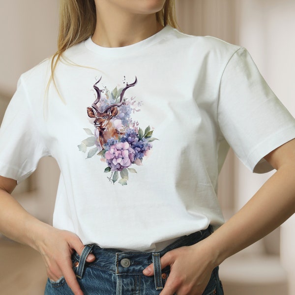 Damen T-Shirt Tier und Blume weiße Baumwolle Shirt für Frauen Antilope Kudu Blumen Frühlings Shirt, Mode für Frauen, Geschenk zum Muttertag