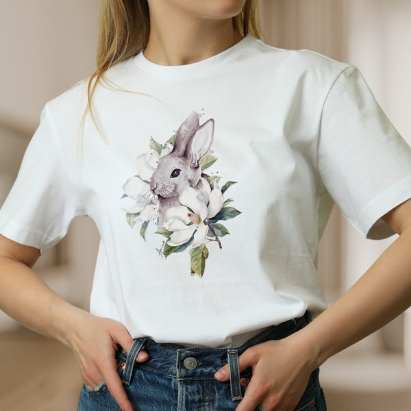 Damen T-Shirt Blumen Motiv Hase weiße Baumwolle Shirt für Frauen Frühlings T-Shirt, Osterhase, Mode für Frauen, Geschenk zum Muttertag