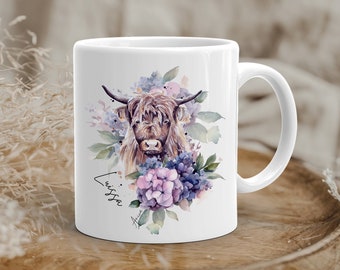 Highland Cow Mug, Floral Scottish Cattle Coffee Cup, Personalized Gift