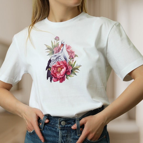 Damen T-Shirt Blumen Motiv Storch weiße Baumwolle Shirt für Frauen Frühlings T-Shirt, Mode für Frauen, Geschenk zum Muttertag