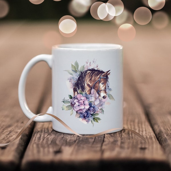 Tasse braunes Pferd Becher Tier und Blumen Kaffeetasse personalisierbar Tier Wunschtext kleines Geschenk