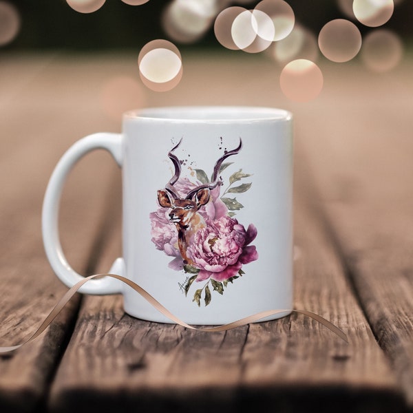 Kaffee-Tasse Tier Antilope Kudu Becher Tier und Blumen Kaffeetasse personalisierbar Tier Wunschtext kleines Geschenk