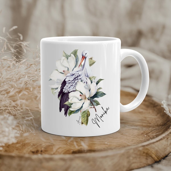 Kaffee-Tasse Storch Blumen Motiv Becher mit Namen Kaffeetasse personalisierbar Wunschtext Dankeschön-Geschenk personalisierte Geschenke