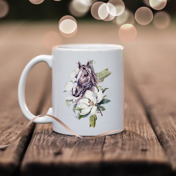 Tasse Pferd Kaffeetasse Blumen Becher Tier und Blumen Motiv Kaffeebecher personalisierbar Wunschtext Geschenk für Reiter, kleines Geschenk