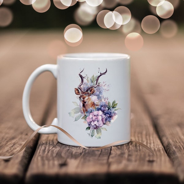 Kaffee-Tasse Tier Antilope Kudu Becher Tier und Blumen Kaffeetasse personalisierbar Tier Wunschtext kleines Geschenk