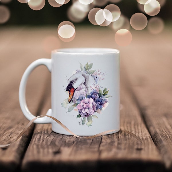 Kaffee-Tasse weißer Schwan Becher Vogel und Blumen Kaffeetasse personalisierbar Tier Wunschtext kleines Geschenk
