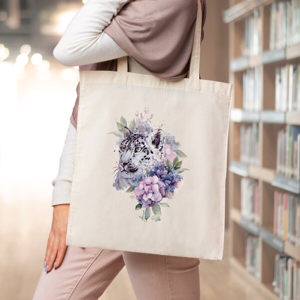 Jutebeutel Schneeleopard Blumen Motiv Tasche mit langen Henkeln für Freundin/ Mama / Oma Stoffbeutel Tier, Geschenk für Mama