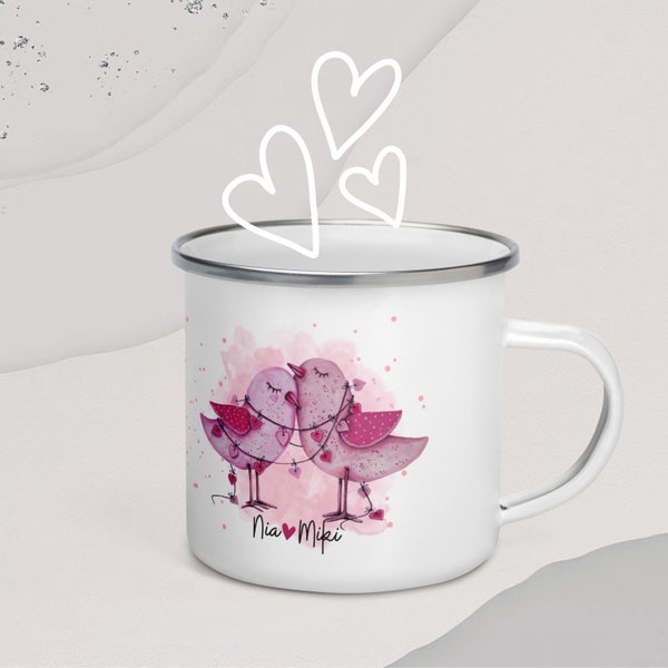 Liebe Vögel Becher, Valentinstag Liebe Vögel Kaffeetasse, Verlobungs-Becher personalisiert, Lagerfeuer-Tasse, Emaille-Kaffeetasse