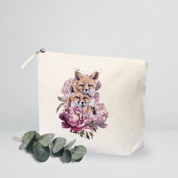 Kosmetiktasche Rotfuchs Personalisiert Kulturbeutel Schmucktasche, Fuchs Blumen Schminkset oder auch als Federmäppchen verwendbar Täschchen